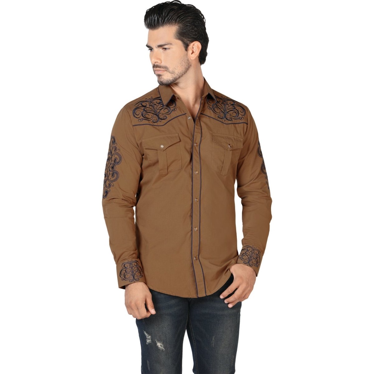 Camisa Vaquera Bordada para Hombre Lamasini Negro y Camel LAM-2200 - Lamasini Jeans