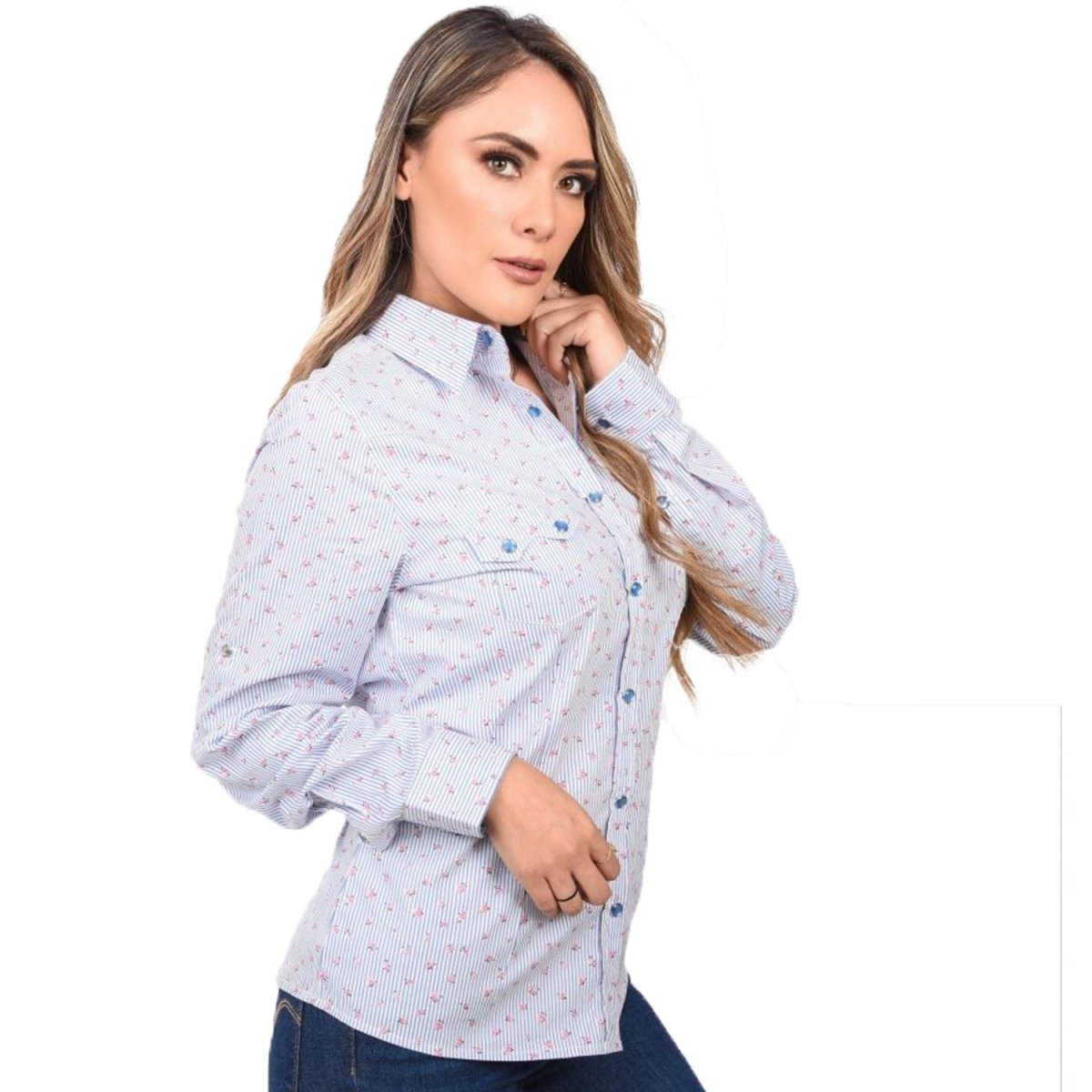 Camisa Vaquera Bordada para Mujer Color Azul con Flores WD-532 - White Diamonds Boots