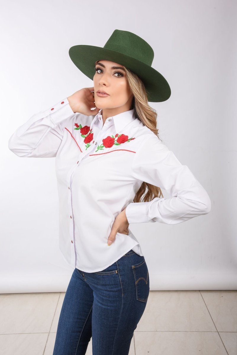 Camisa Vaquera Bordada Rosas Rojas WD-548 - White Diamons Boots
