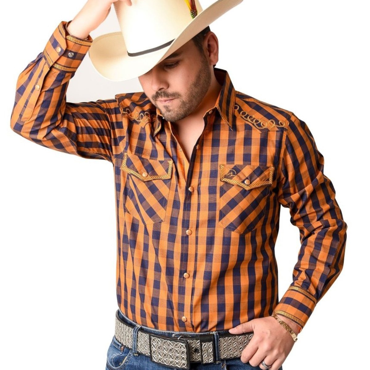 Camisa Vaquera Bordada White Diamonds Color Mostaza a Cuadros WD-879 - White Diamonds Boots