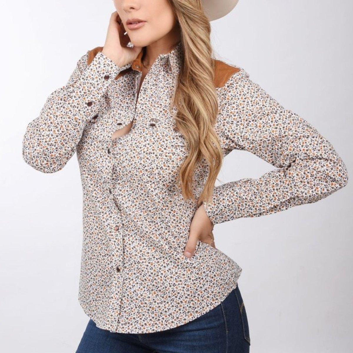 Camisa Vaquera Floreada Cafe para Mujer WD-540 - White Diamons Boots