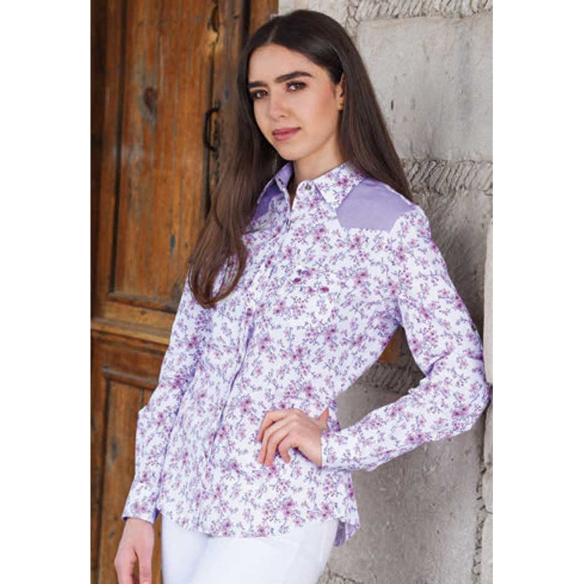 Camisa Vaquera Floreada Morada para Mujer WD-541 - White Diamons Boots