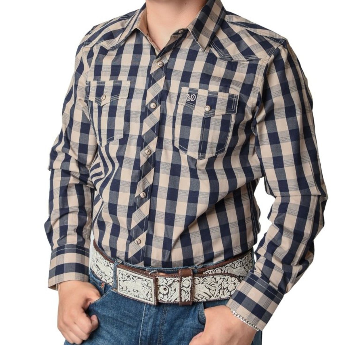 Camisa Vaquera White Diamonds Color Beige con Azul a Cuadros WD-902 - White Diamonds