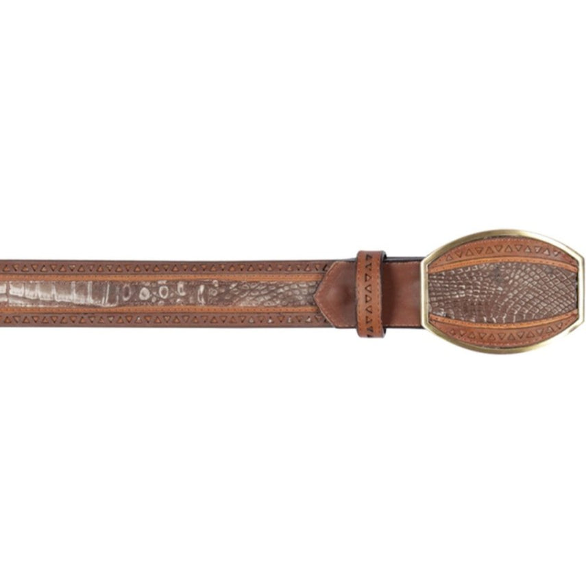 Genuine Crocodile Caiman Belly Casual Belt laser design Lisboa Brown Color - Los Altos Boots - Front View