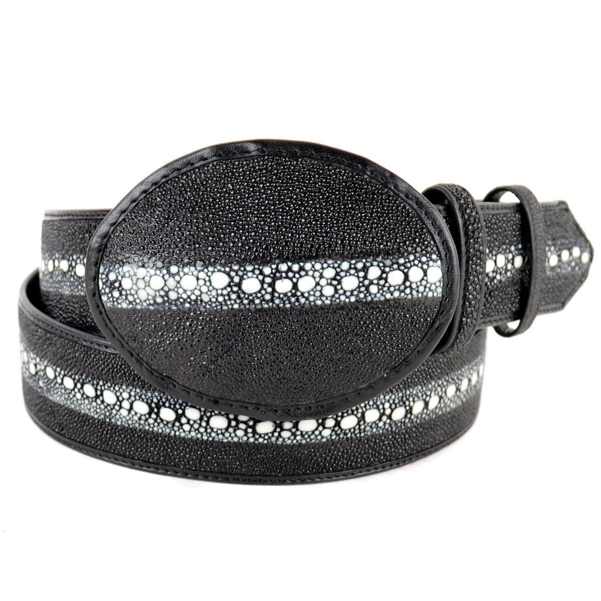 Genuine Stingray Leather Western Belt Row Stone Design Black Color - Los Altos Boots - Front View