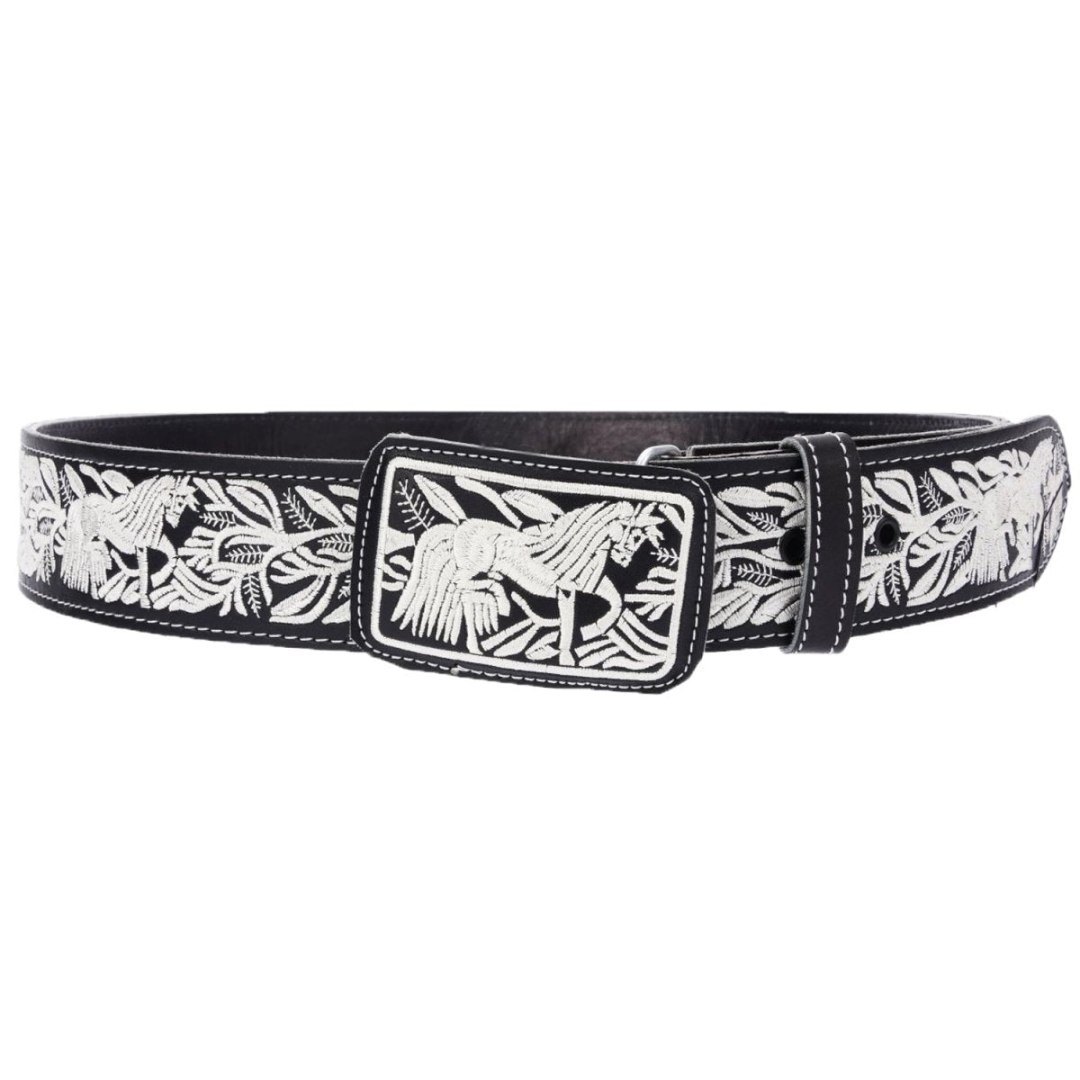 Cinto Vaquero de Cuero Original con Bordado Color Negro con Plata y Caballo WD-1546 - White Diamonds
