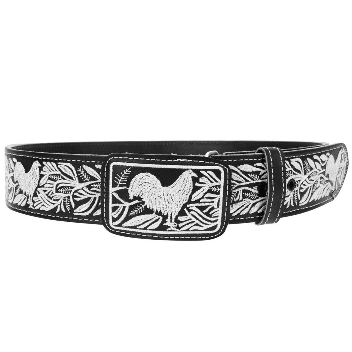 Cinto Vaquero de Cuero Original con Bordado Color Negro con Plata y Gallo WD-1545 - White Diamonds