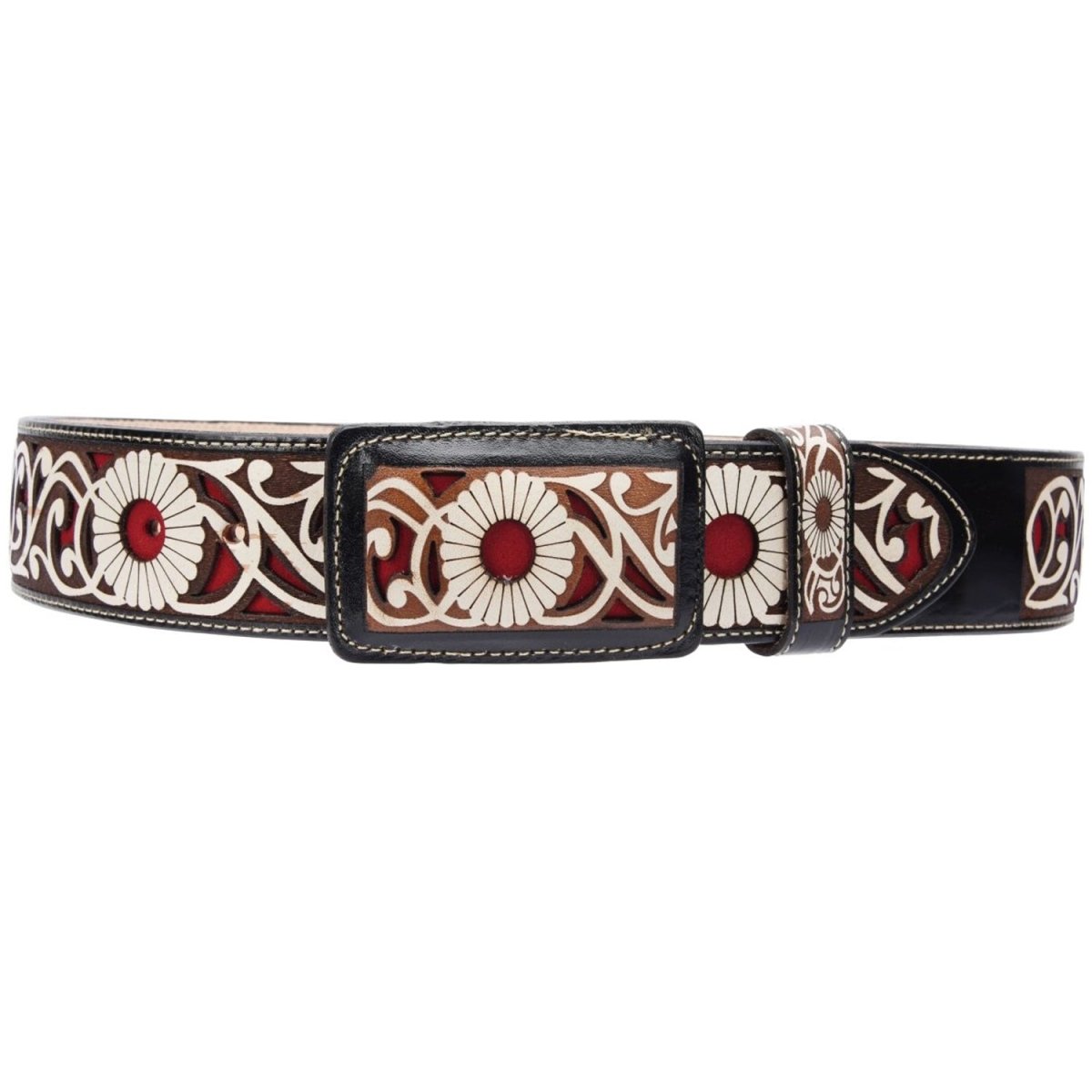 Cinto Vaquero de Cuero Original en Corte Laser Color Negro con Flor WD-1520 - White Diamonds