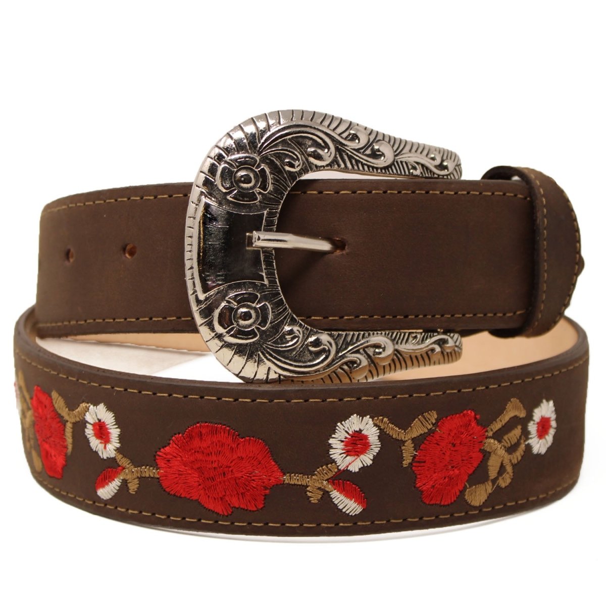 Cinto Vaquero para Mujer de Cuero Original Color Cafe con Flores Rojas WD-1594 - White Diamonds Boots