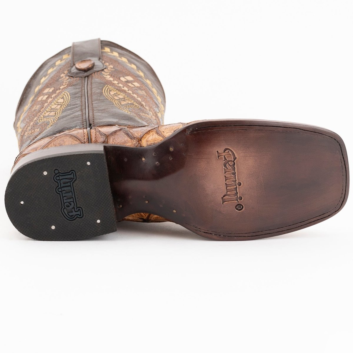 Ferrini Bronco Men's Print Pirarucu Fish Boots Handcrafted Cognac - Ferrini Boots