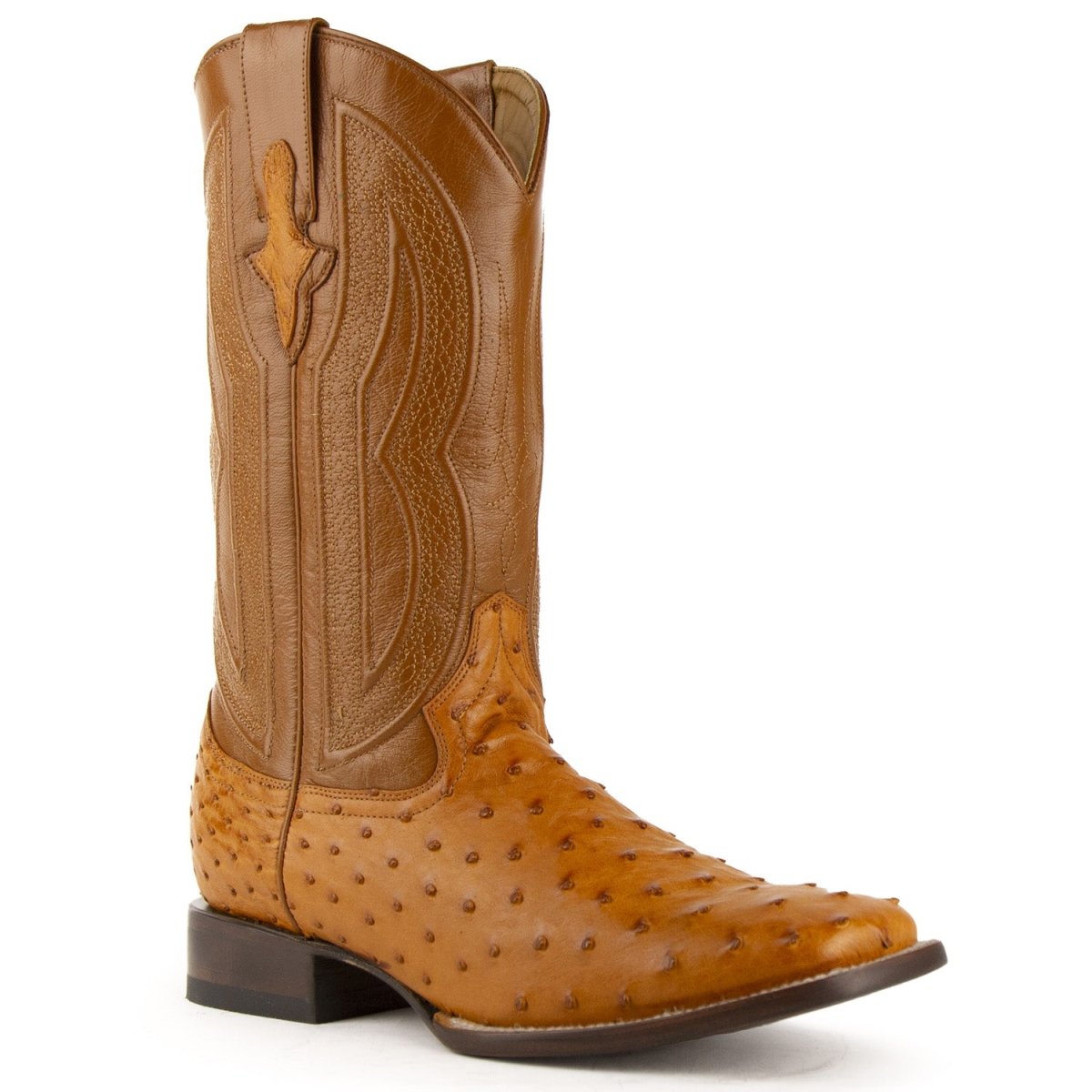 Ferrini Men's Colt Full Quill Ostrich Square Toe Boots Handcrafted - Cognac - Ferrini Boots