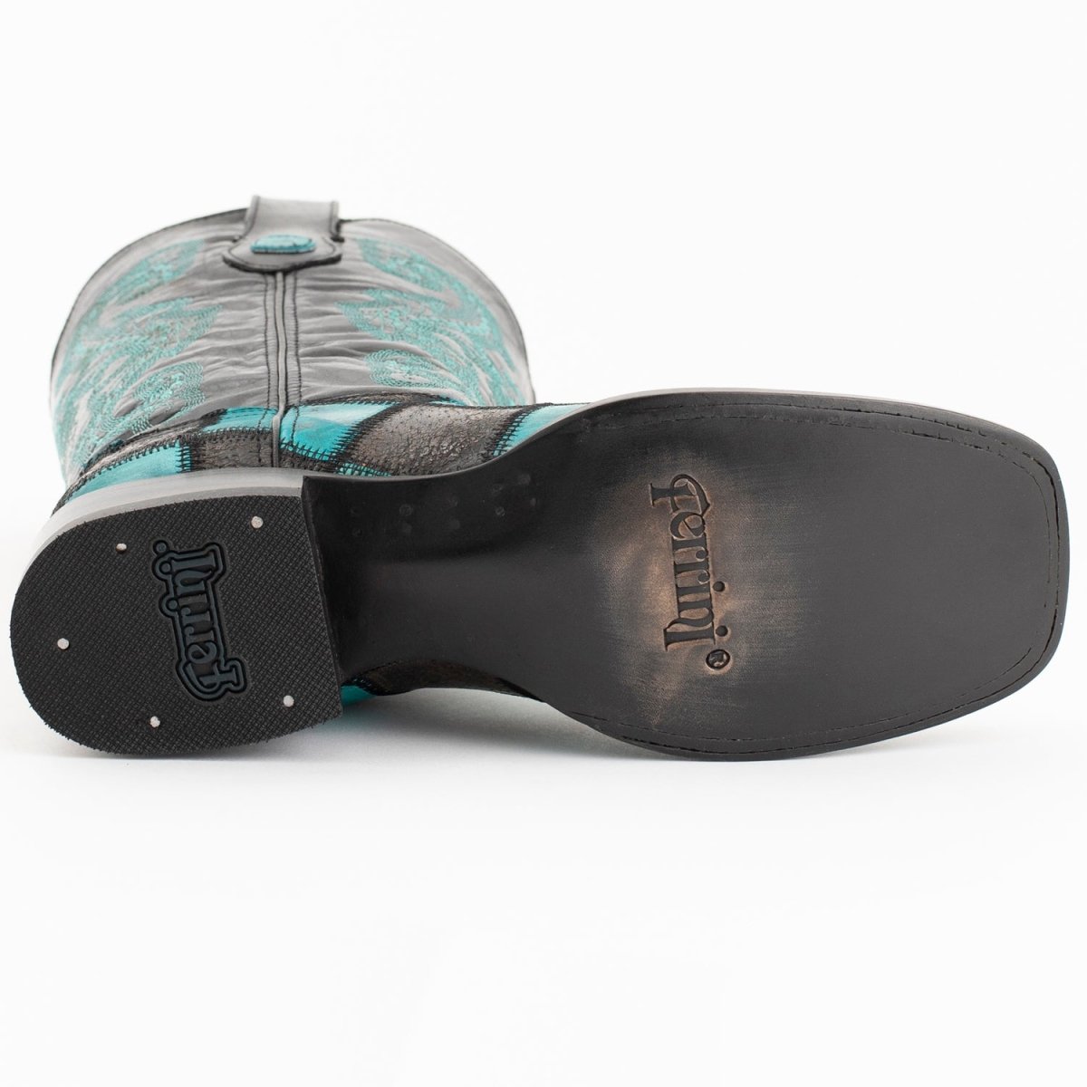 Ferrini Men's Patchwork Square Toe Boots Handcrafted - Black/Teal - Ferrini Boots