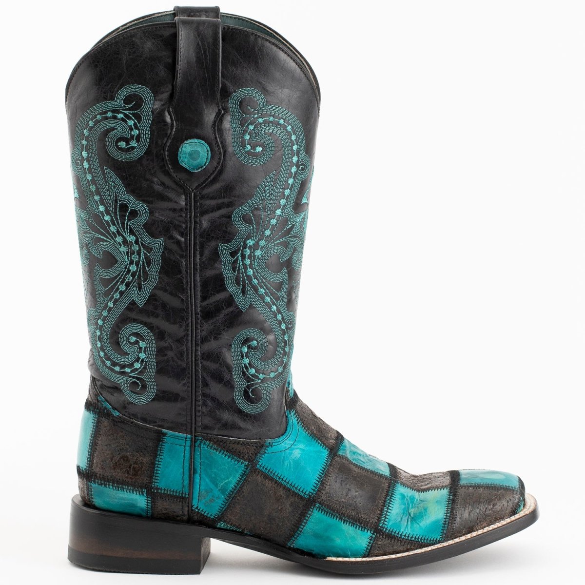 Ferrini Men's Patchwork Square Toe Boots Handcrafted - Black/Teal - Ferrini Boots