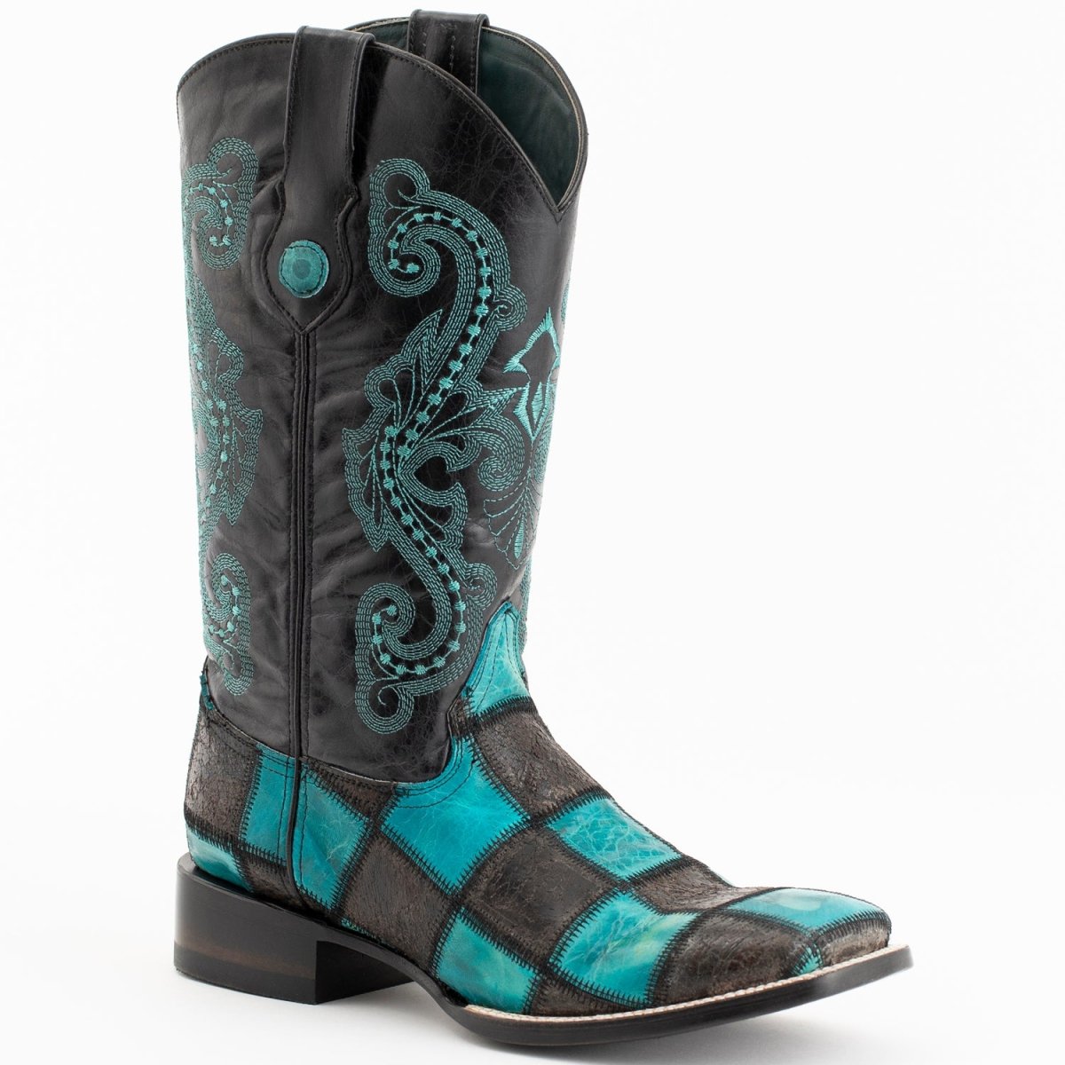 Ferrini Men's Patchwork Square Toe Boots Handcrafted - Black/Teal - Ferrini Boots