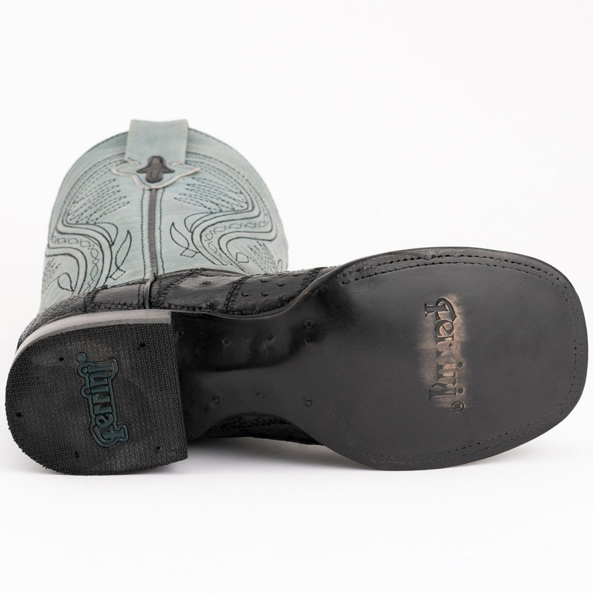 Ferrini Men's Pinto Patch Ostrich Square Toe Boots Handcrafted - Black 1069304 - Ferrini Boots