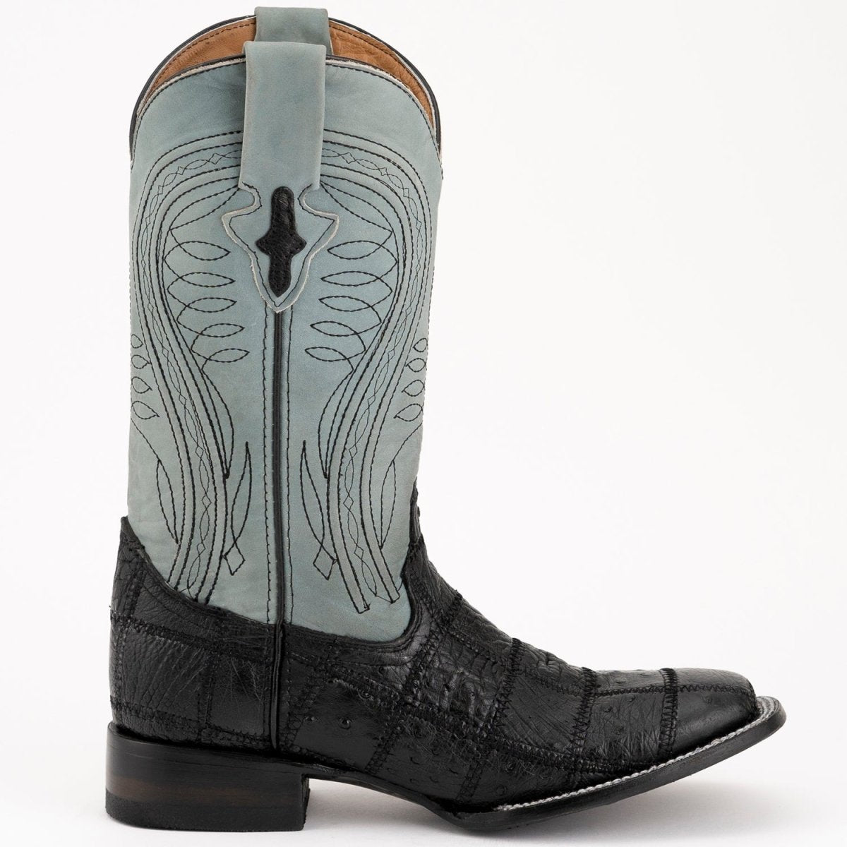 Ferrini Men's Pinto Patch Ostrich Square Toe Boots Handcrafted - Black 1069304 - Ferrini Boots