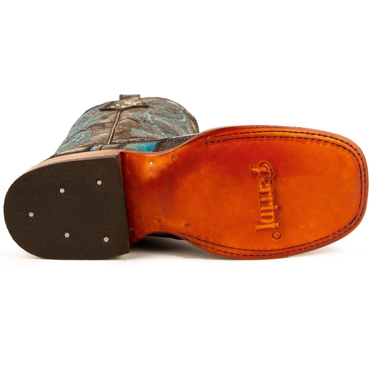 Ferrini Women's Patchwork Square Toe Boots Handcrafted - Black/Teal - Ferrini Boots