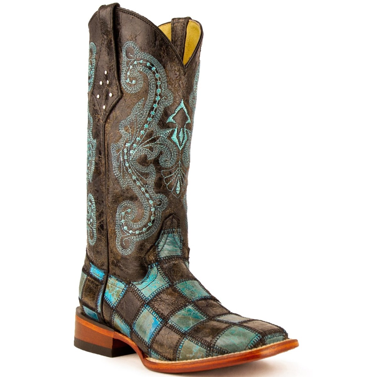 Ferrini Women's Patchwork Square Toe Boots Handcrafted - Black/Teal - Ferrini Boots
