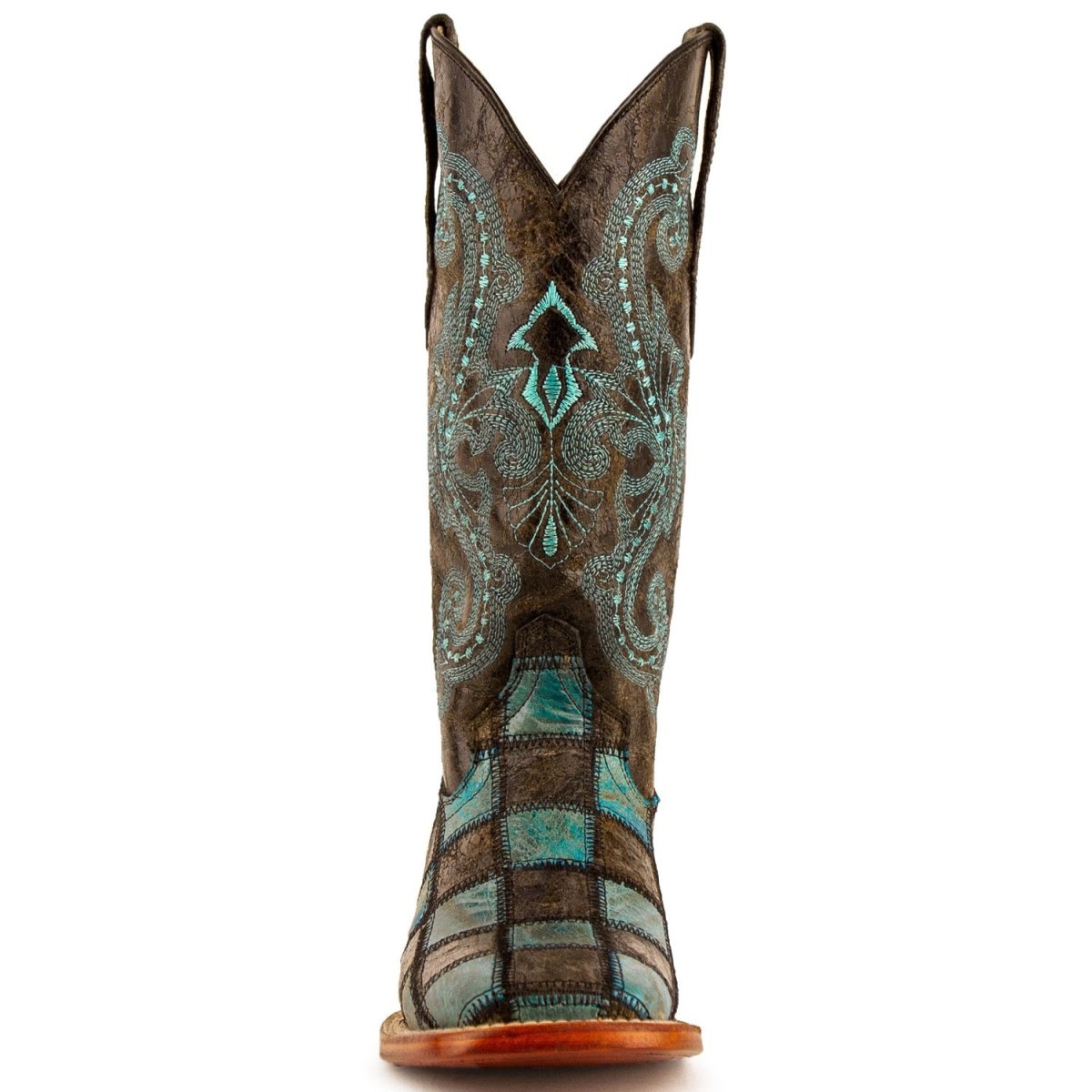 Ferrini Women's Patchwork Square Toe Boots Handcrafted - Black/Teal - Ferrini Boots