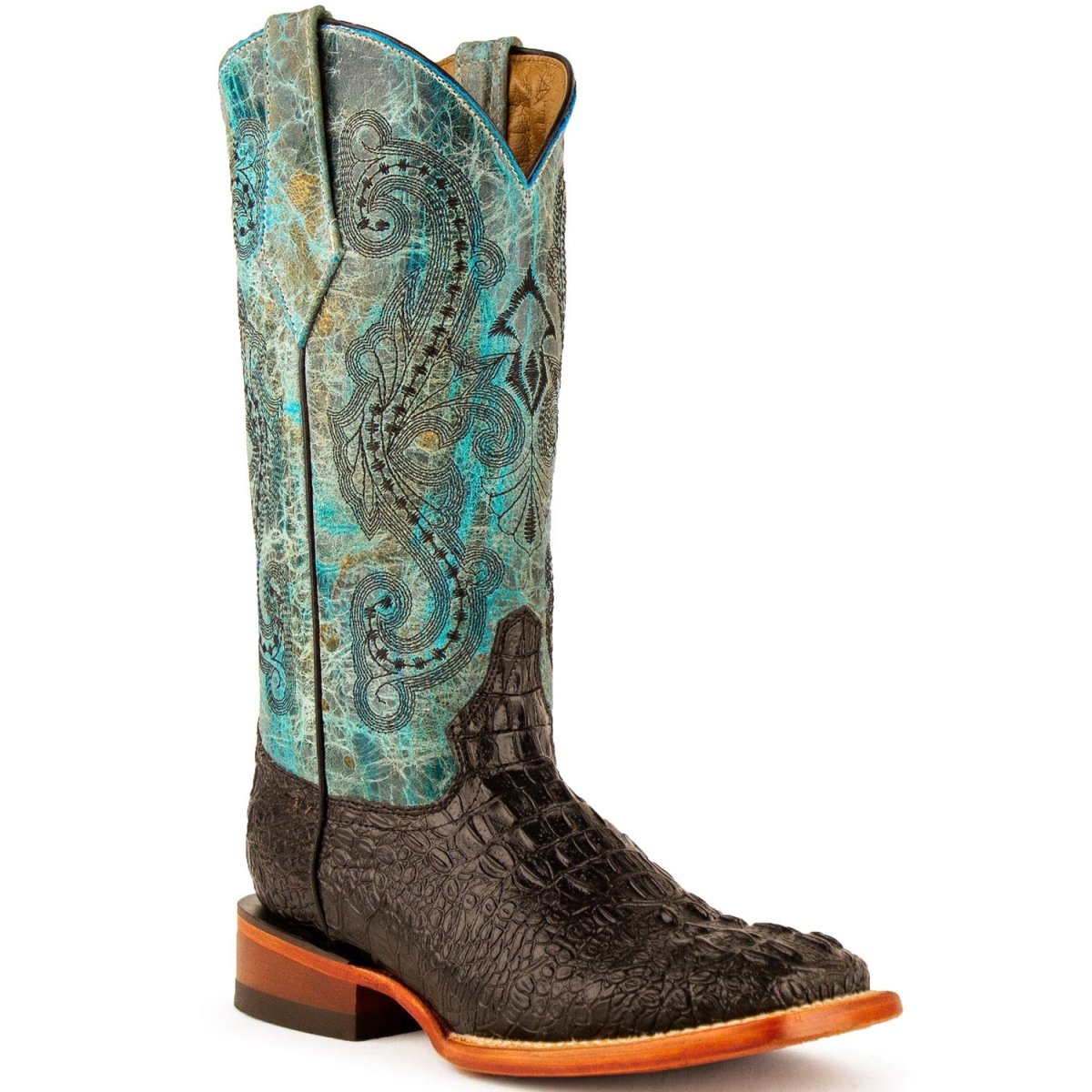 Ferrini Women's Stampede Square Toe Boots Crocodile Print - Black/Teal - Ferrini Boots