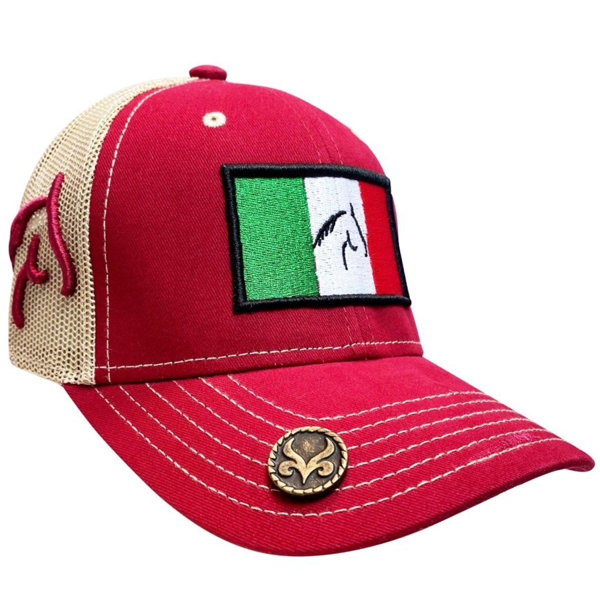 Gorra Charra con Bordado de Caballo Color Rojo y Beige WD-1753 - White Diamonds Boots