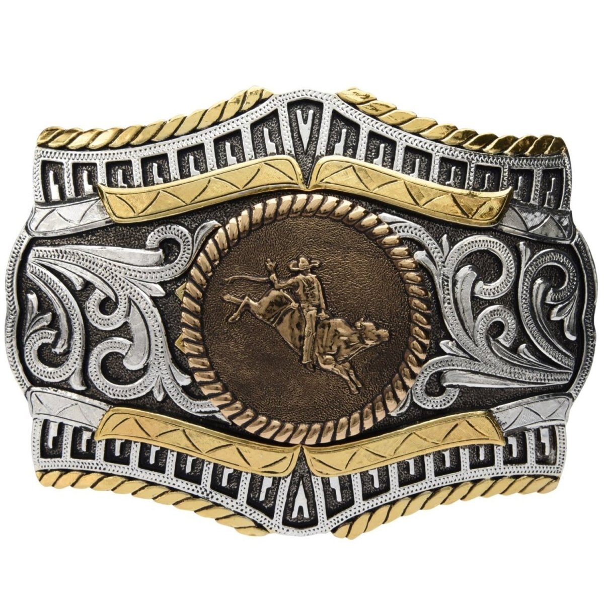 Hebilla Vaquera de Alpaca Fina con Charro Jineteando Toro WD-1387 - White Diamonds