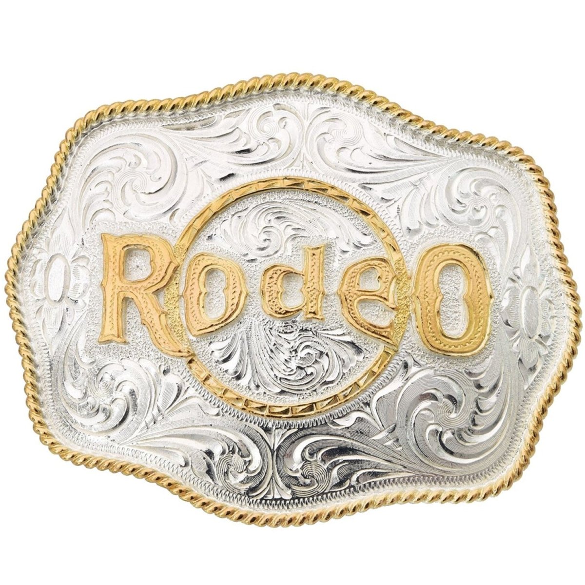 Hebilla Vaquera de Alpaca para Cinto con Leyenda de Rodeo en Oro WD-1302 - White Diamonds