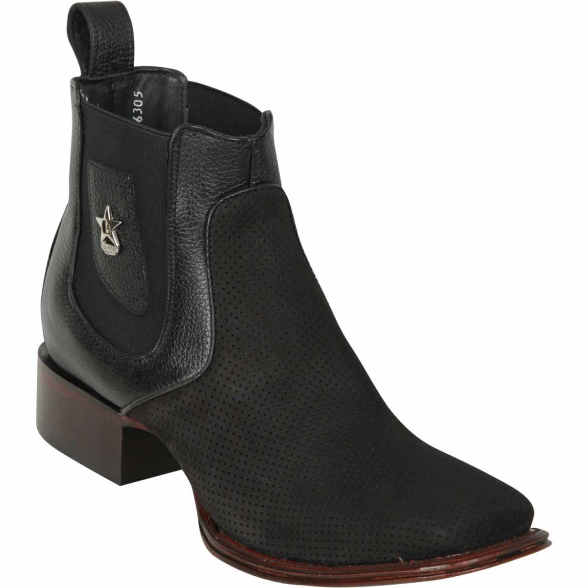 Wester Genuine Nubuck Perforated Wide Square Toe Ankle Boots Black Color - Los Altos Boots Side View