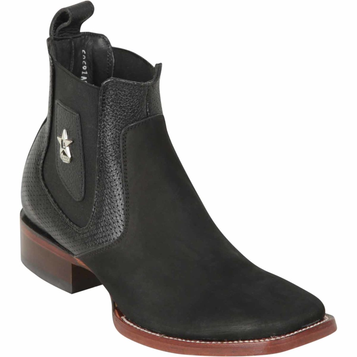 Wester Genuine Nubuck Wide Square Toe Ankle Boots Black Color - Los Altos Boots Side View