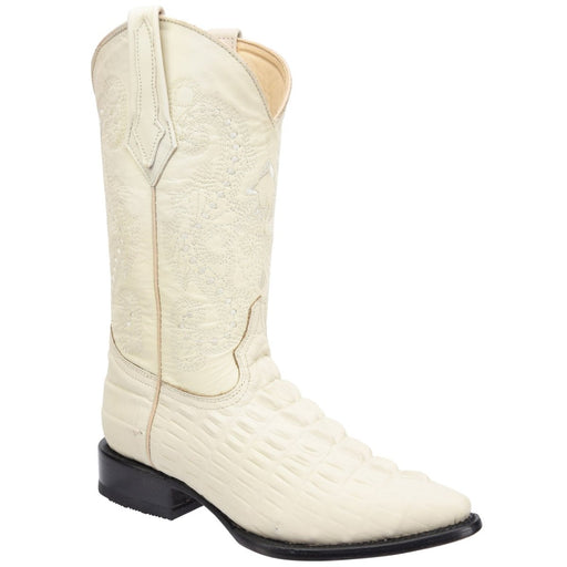 Men's Caiman Tail Print Leather J-Toe Boots - Winter White - Rodeo Imports