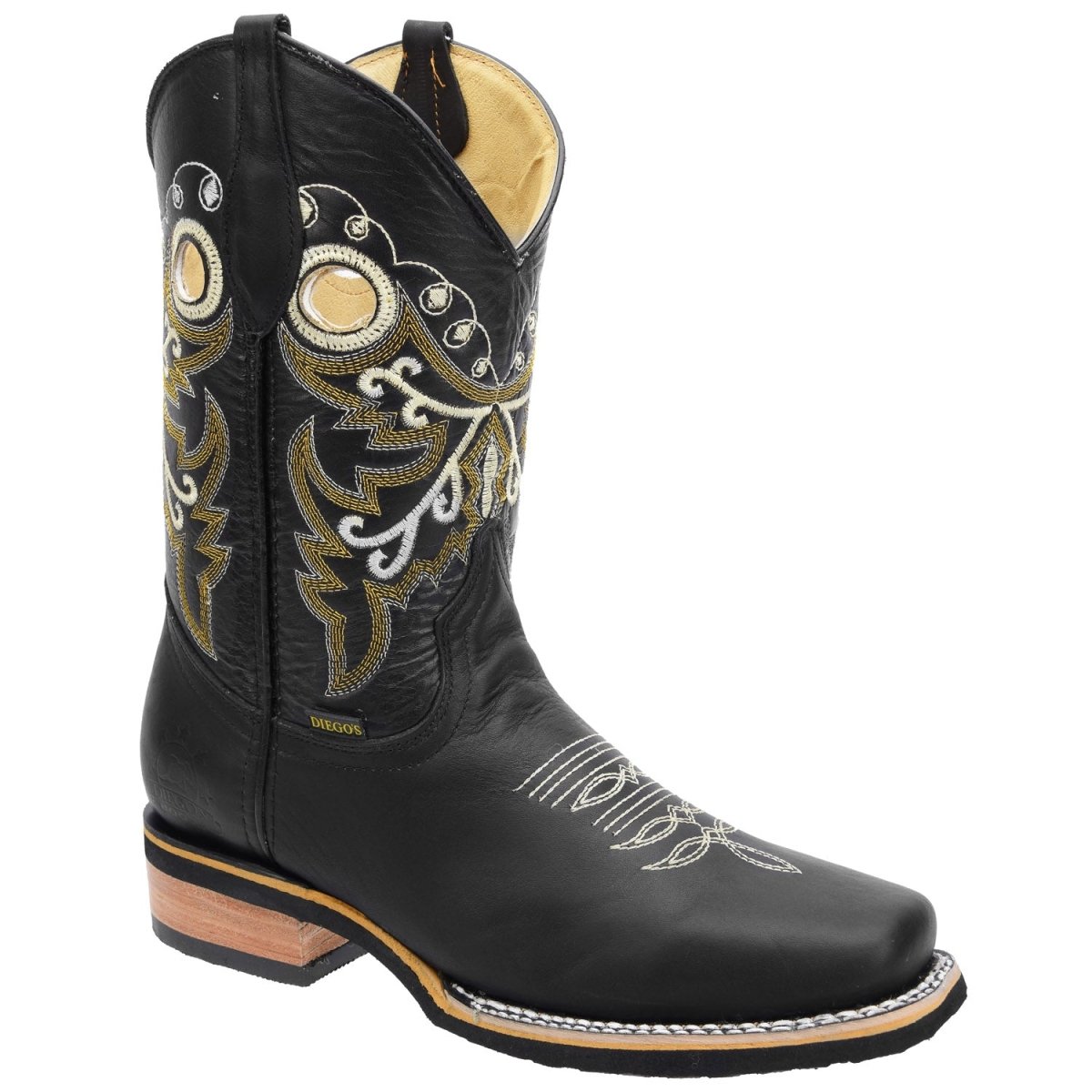 Men's Genuine Crazy Leather Square Toe Boots Rubber Sole - Black - Rodeo Imports