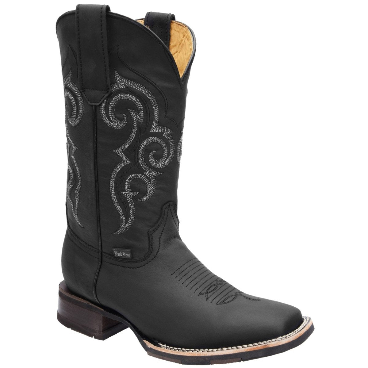 Men's Genuine Crazy Leather Square Toe Boots Rubber Sole - Black - Rodeo Imports