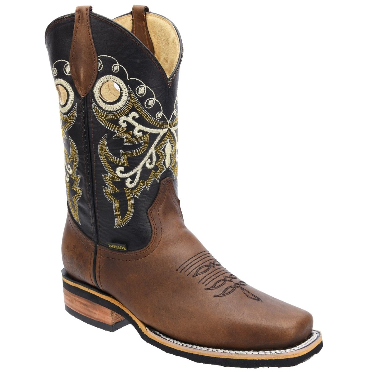 Men's Genuine Crazy Leather Square Toe Boots Rubber Sole - Roble - Rodeo Imports