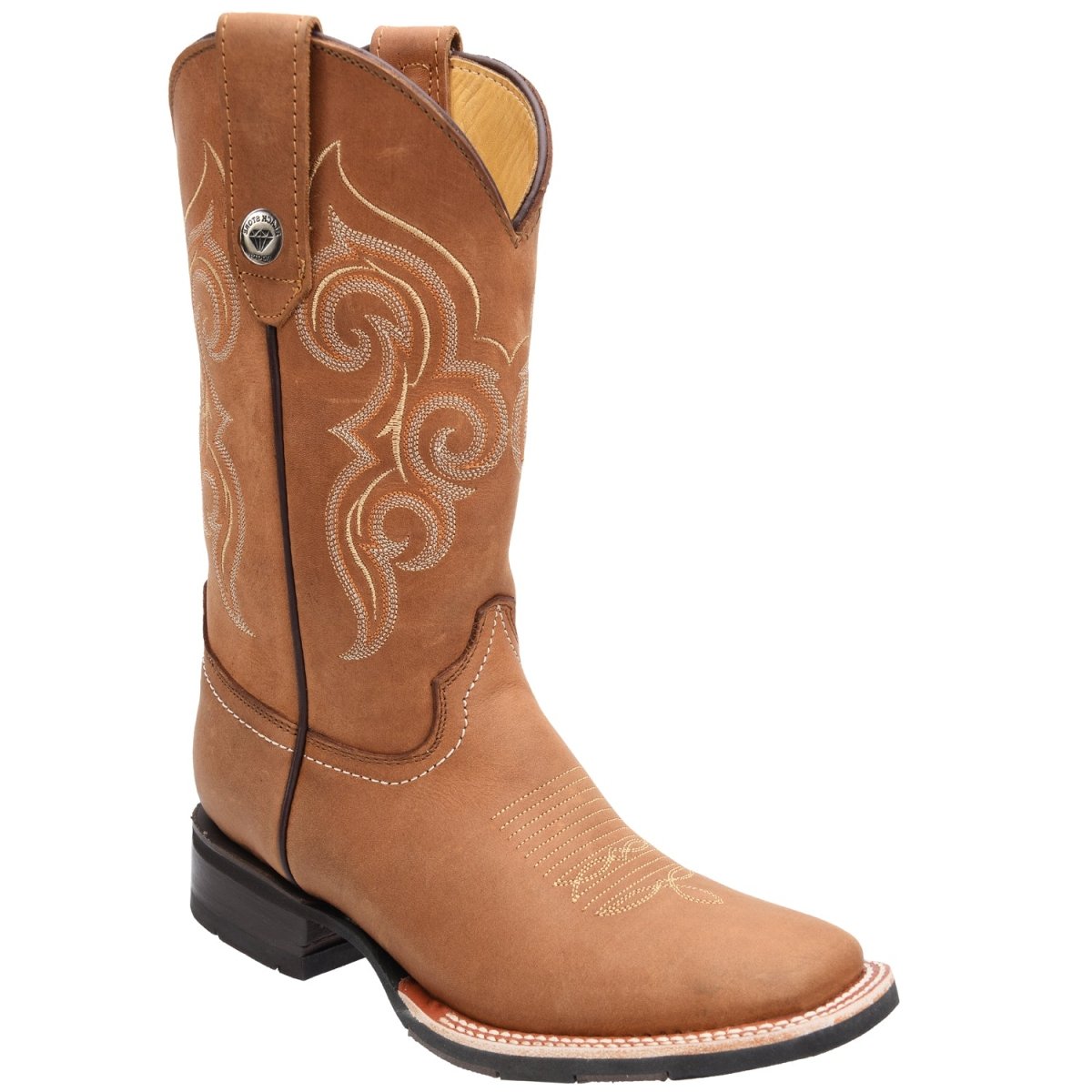 Men's Genuine Crazy Leather Square Toe Boots Rubber Sole - Tan - Rodeo Imports