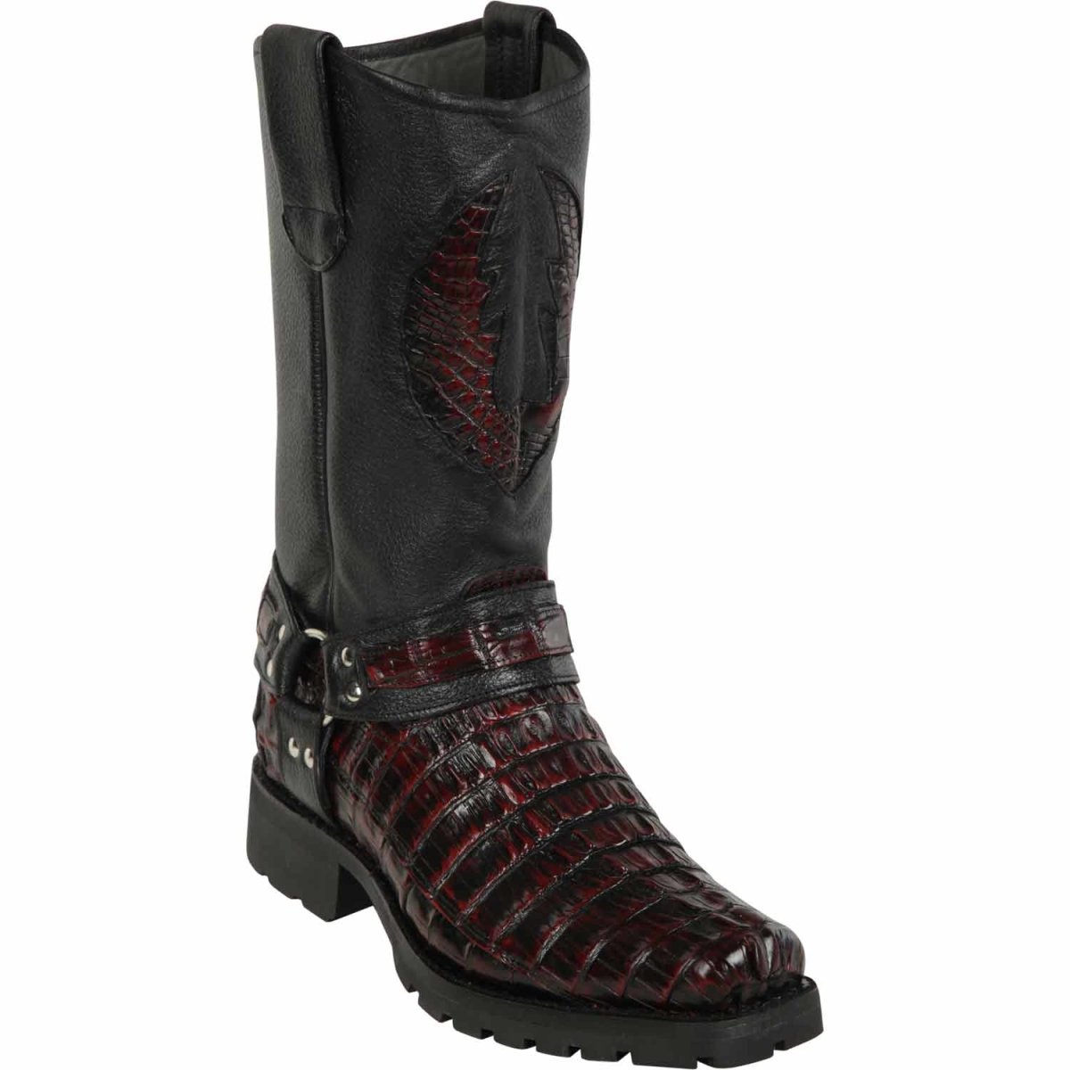 Genuine Caiman Crocodile Tail Square Toe Biker Boots Black Cherry Color – Los Altos Boots – Side View