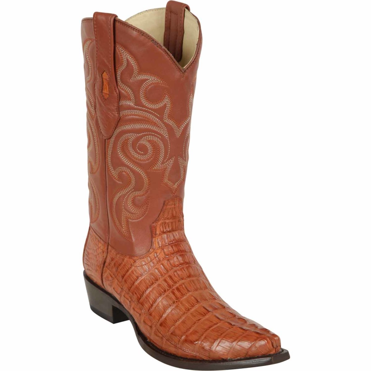 Original Caiman Crocodile Tail Western Boots with Snip Toe in Cognac Color - Los Altos Boots - Side View
