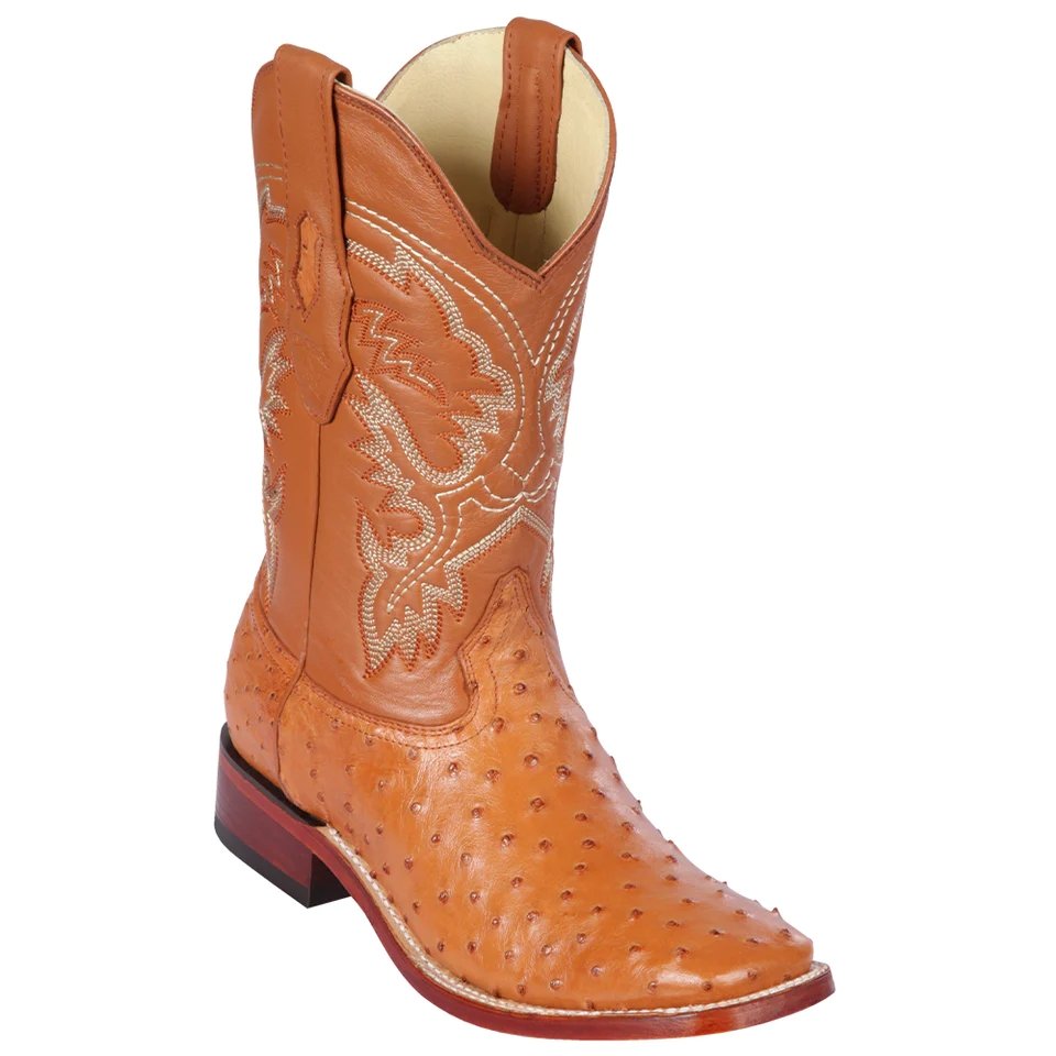 Western Genuine Ostrich Wide Square Toe Boots Honey Color - Los Altos Boots Side View
