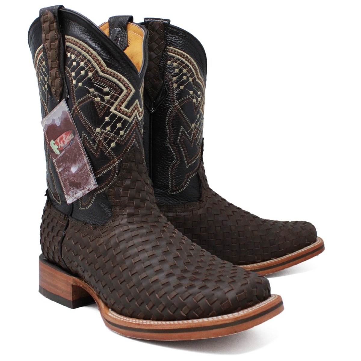 Men's Petatillo Woven Bulldog Square Toe Boots - Brown - LA CARRETA