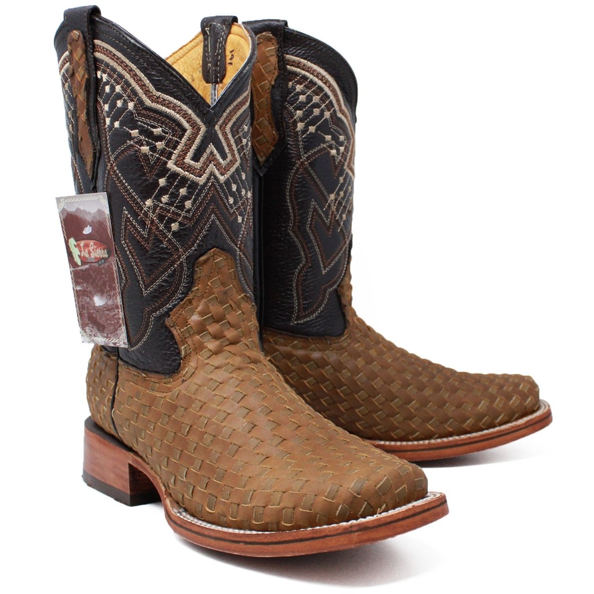 Men's Petatillo Woven Leather Square Toe Boots - Honey - LA CARRETA