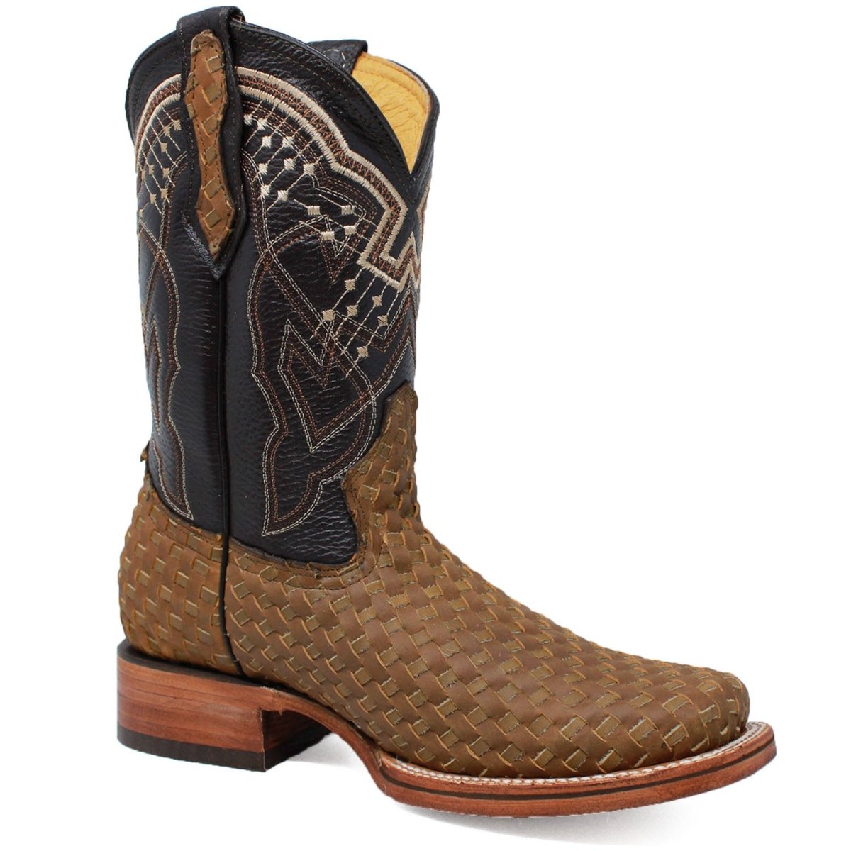 Men's Petatillo Woven Leather Square Toe Boots - Honey - LA CARRETA