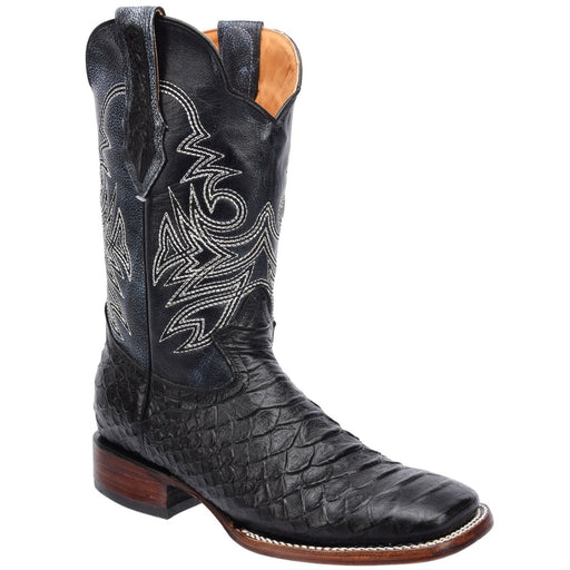 Men's Python Print Leather Square Toe Boots - Black - Rodeo Imports