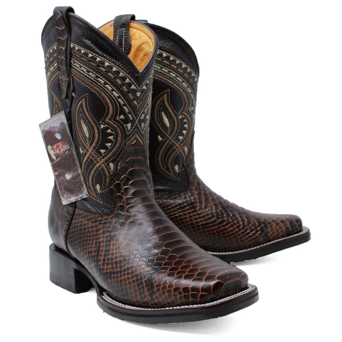 Men's Python Print Leather Square Toe Boots - Brown - LA CARRETA
