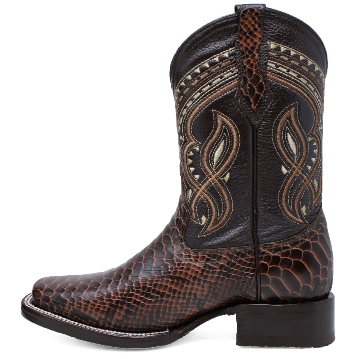 Men's Python Print Leather Square Toe Boots - Brown - LA CARRETA