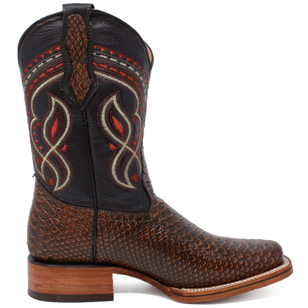 Men's Python Print Leather Square Toe Boots - Honey - LA CARRETA