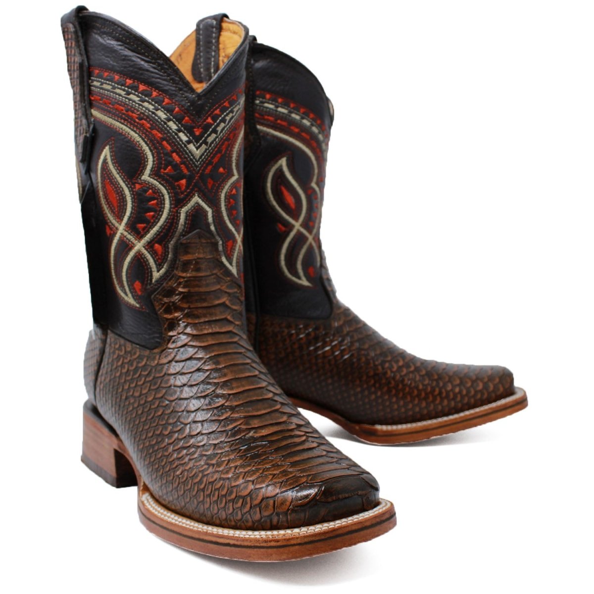 Men's Python Print Leather Square Toe Boots - Honey - LA CARRETA