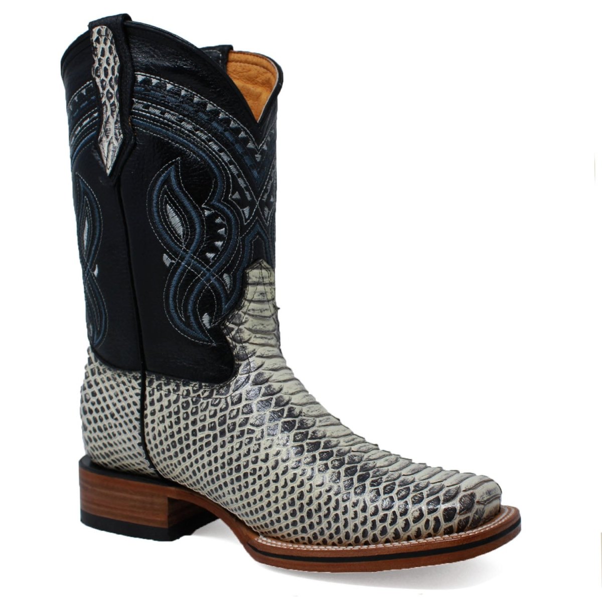Men's Python Print Leather Square Toe Boots - Natural - LA CARRETA