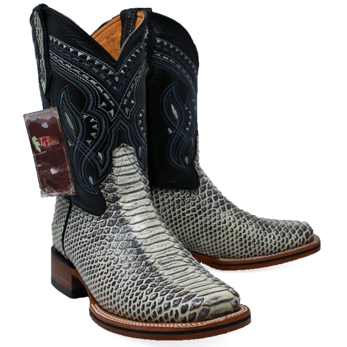 Men's Python Print Leather Square Toe Boots - Natural - LA CARRETA