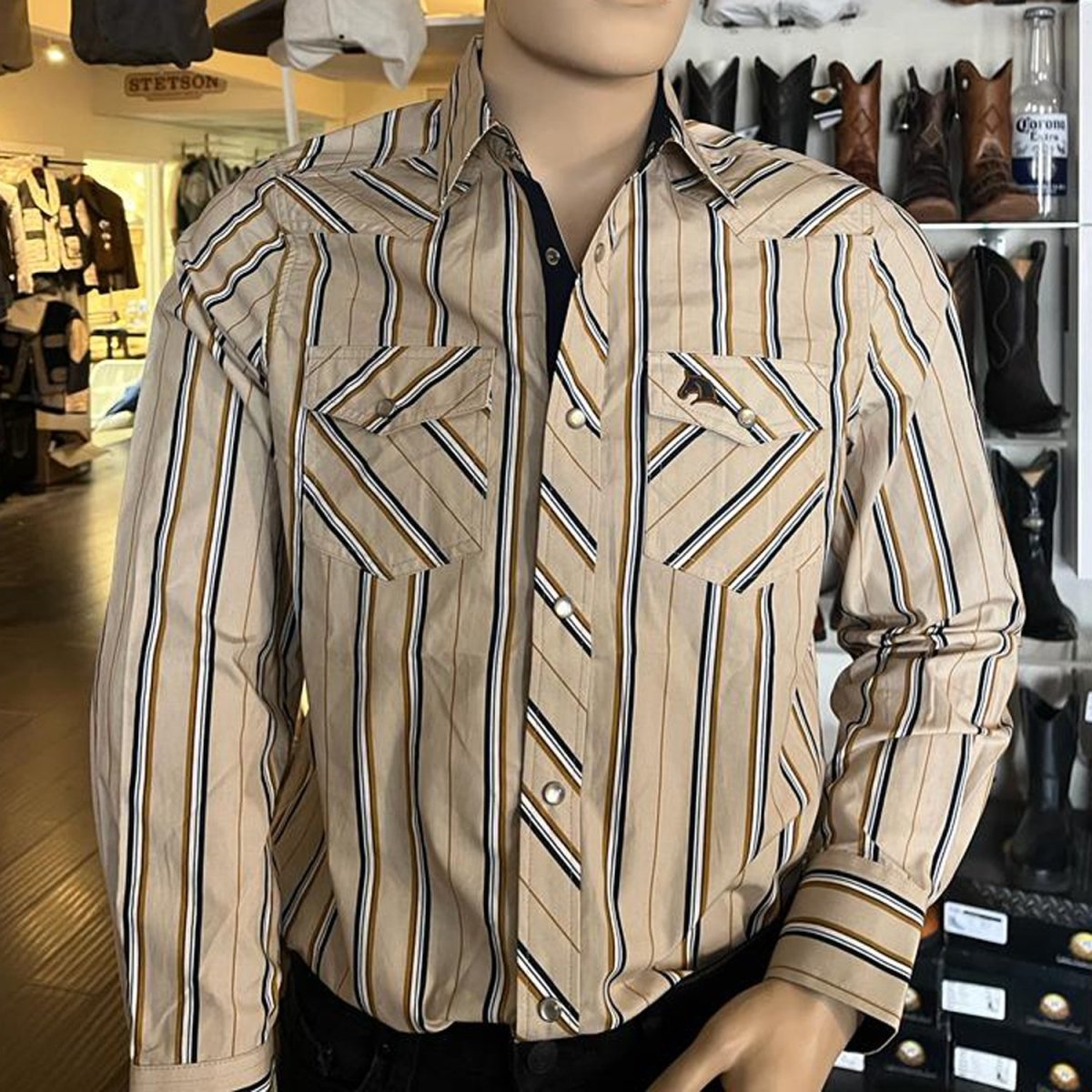 Men's White Diamonds Long Sleeve Beige Stripes Western Shirt - White Diamonds Boots