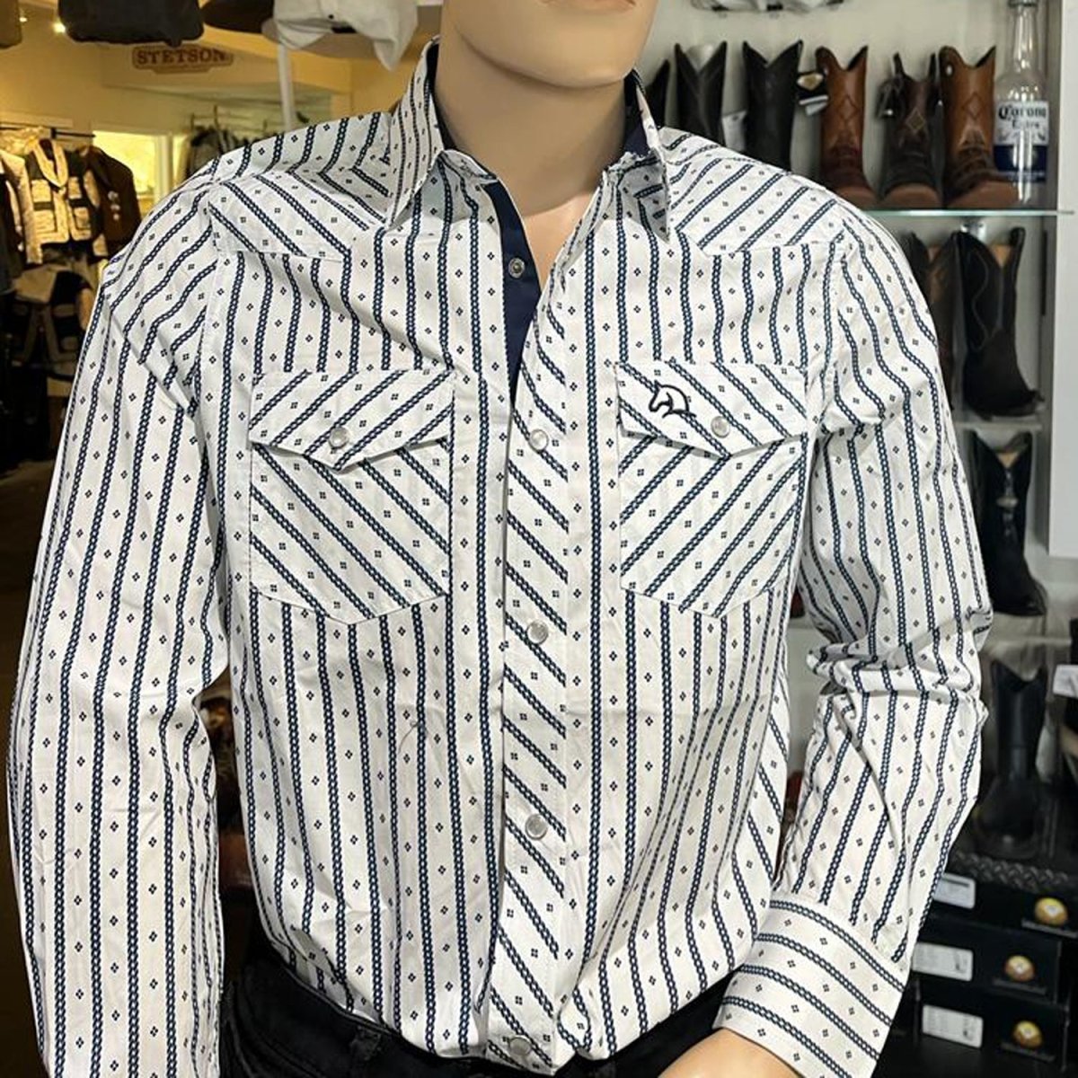 Men's White Diamonds Long Sleeve Black & White with Stripes Western Shirt - White Diamonds Boots
