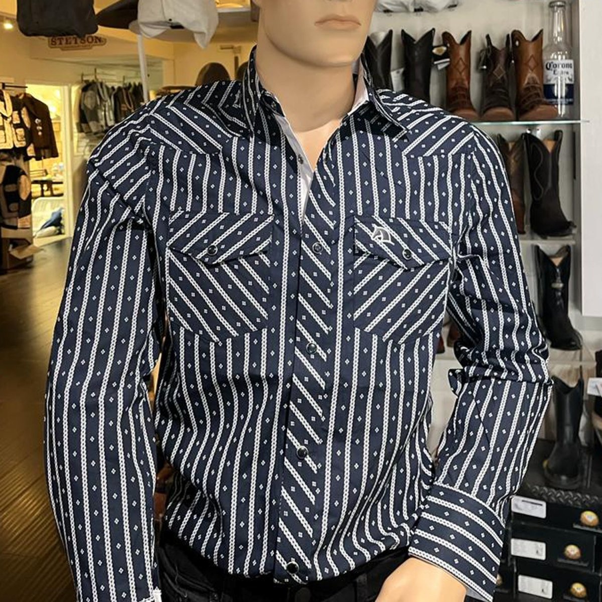 Men's White Diamonds Long Sleeve Dark Blue Stripes Western Shirt - White Diamonds Boots